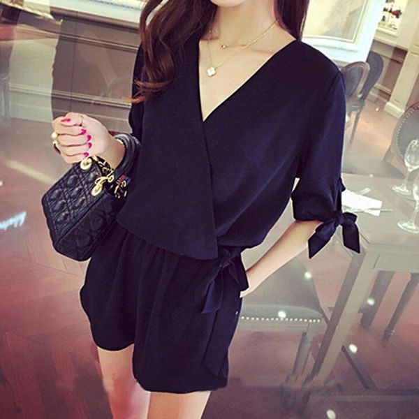 

summer casual jumpsuit v neck romper women short playsuit short sleeve bowknot overalls black red1, Black;white