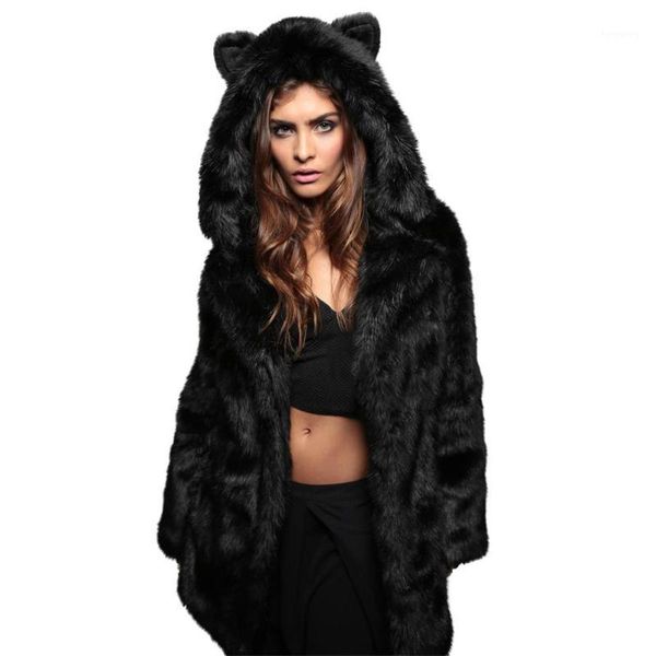 

new fashion casual solid female women faux fur with ear fur cartoon shape over size coat plush1, Black