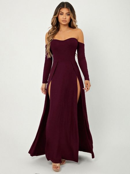 

sxy off shoulder high split dress b4vp#, Black;gray