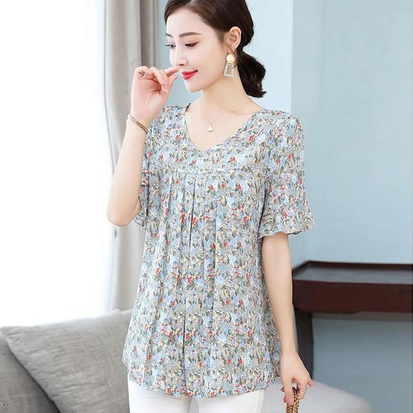 

2021 new summer casual shirt women blouse plus size o-neck short sleeve floral blouses shirts blusas 3tl4, White