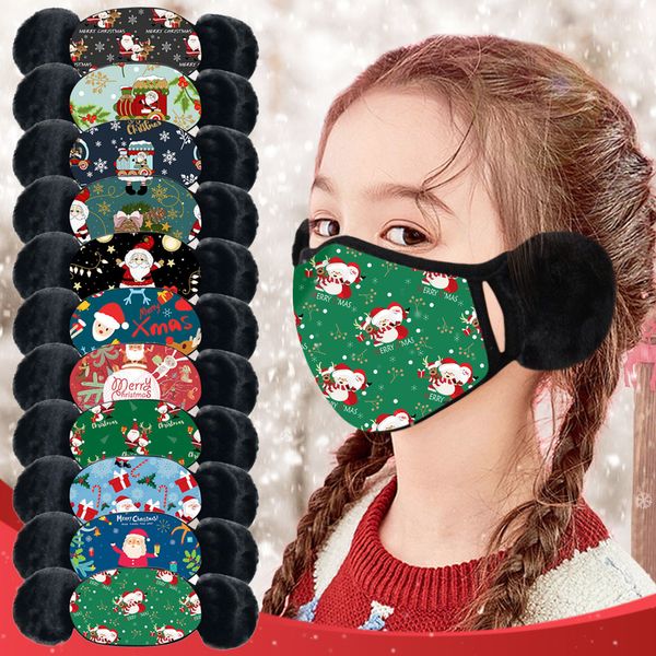 

2 in 1 child christmas face mask cover plush ear protective thick warm kids mouth masks winter mouth-muffle earflap for kids g9989