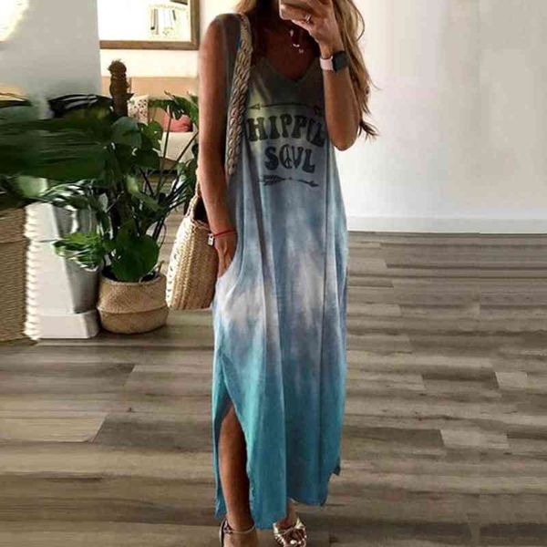 

women boho v neck sleeveless gradient stitching color hippie soul pockets long loose dress, Black;gray