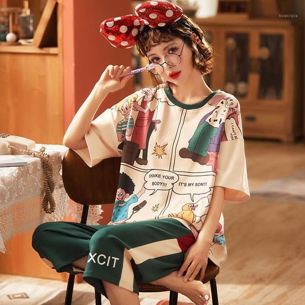 

2020 new summer sleepwear 2 piece sets for women's cotton pajamas o-neck short sleeved homewear large size pijama pyjama 4xxl1, Black;red