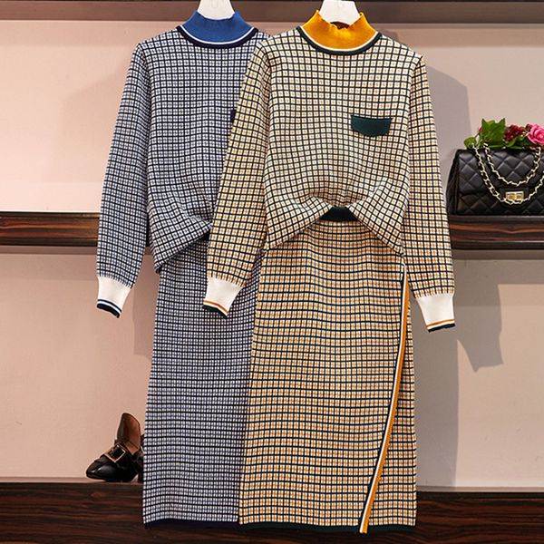 

lattice sweater and skirt suit patchwork half turtleneck long sleeve oversize knitted pullover and bodycon skirt 2 pce sets t200702, White