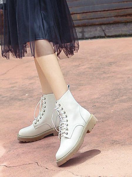 

eshtonshero winter women's shoes woman round toe cow leather flat with platform casual female lace up motorcycle boots size 3-10, Black