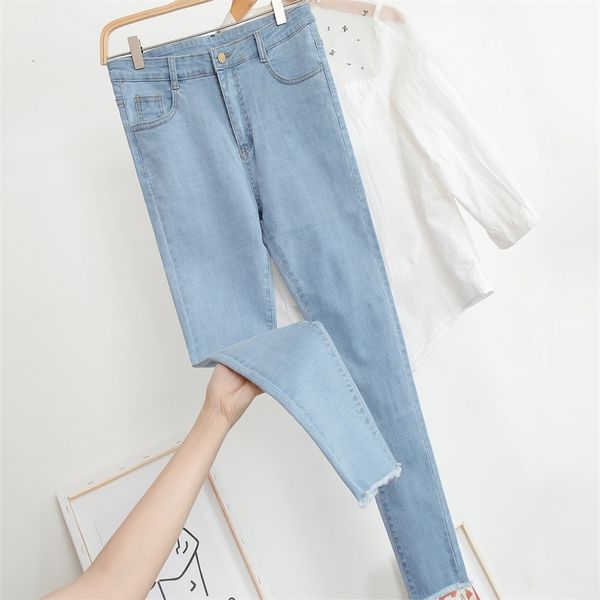 

denim jeans women high waist stretch skinny pencil pants ladies summer elastic slim denim trousers with belt lj201127, Blue