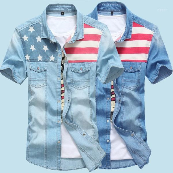 

wholesale- stylish mens denim shirt jean shirts flag print cotton short sleeve camisa social men jeans shirts cr6171, White;black
