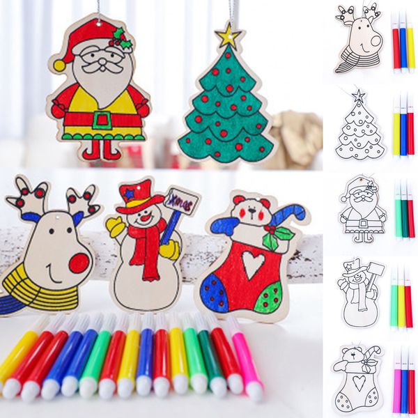 

christmas diy wooden pendant children's educational parent-child game crayons pendants doll craft hanging ornaments decorations