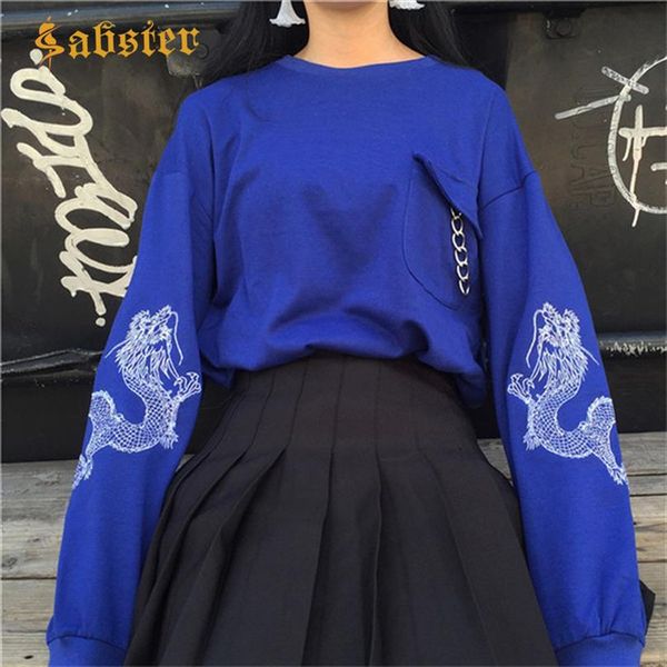 

2020 new fashion autumn woman clothes embroidery dragon womens sweatshirt long sleeve o neck pullovers women xz527, Black