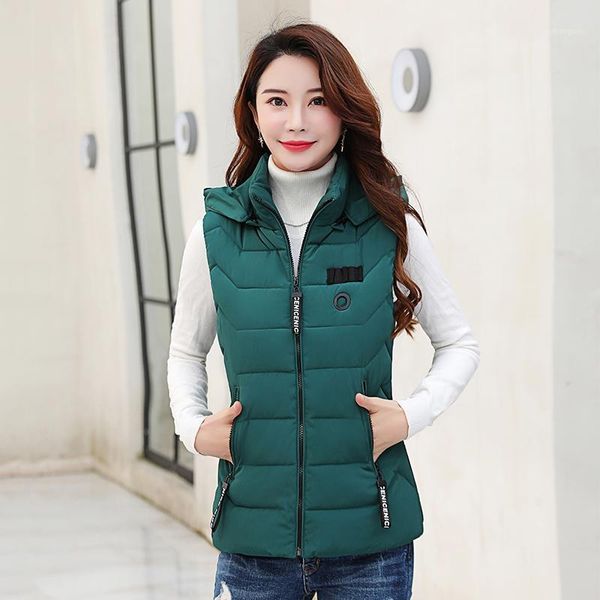

plus size women winter solid vest hooded stand collar short style women's sleeveless jacket slim thick cotton puffer coat ladies1, Black;white
