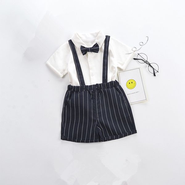 

2021 new kids boy casual clothes set summer cotton short sleeve bow tie + suspender shorts children gentleman suit 0-4y 6daw, White