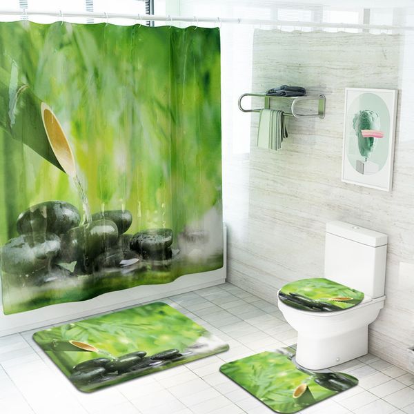 

green bamboo pattern fabric shower curtains water drops zen stones bathroom curtain non-slip carpets bath curtains mat set