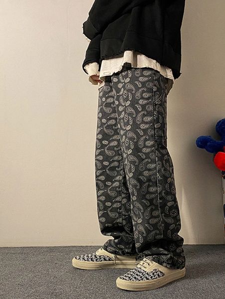 

men paisley pattern wide leg jeans b1ji#, Blue