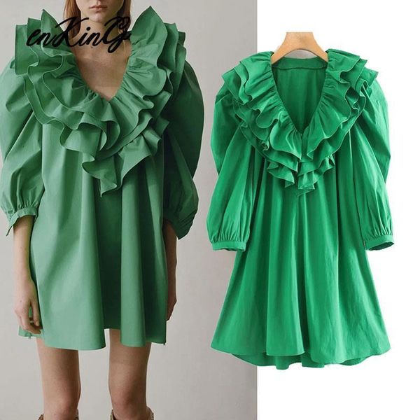 

2021 england high street vintage cascading puff sleeve green color poplin za dress women vestidos de noche vestidos, Black;gray