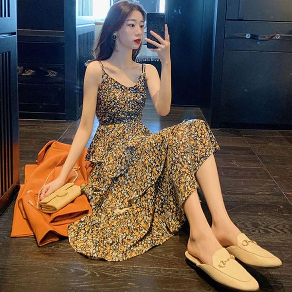 

dress vestidos vintages v-neck floral waist dresses temperament side slit sling base cake mid-calf vestido de mujer, Black;gray