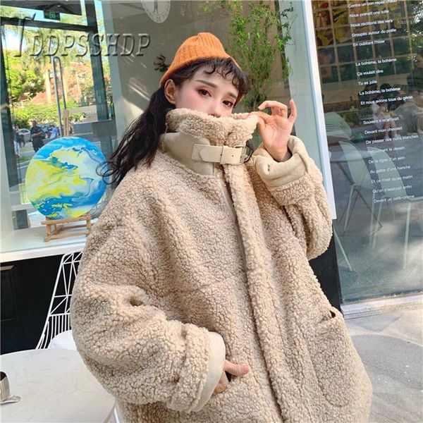 

2019 faux fur lambswool oversized jacket fashion solid coat winter hairly ladies outerwear1, Black