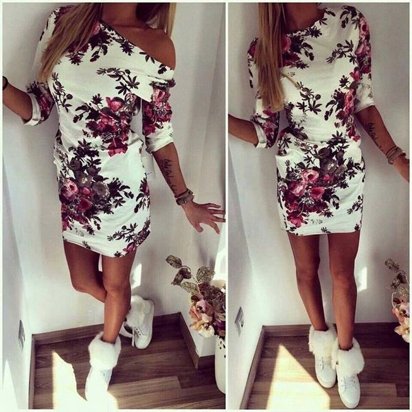

floral printed women summer dress middle sleeve sheath casual dress high waist elegant party pencil dress, Black;gray