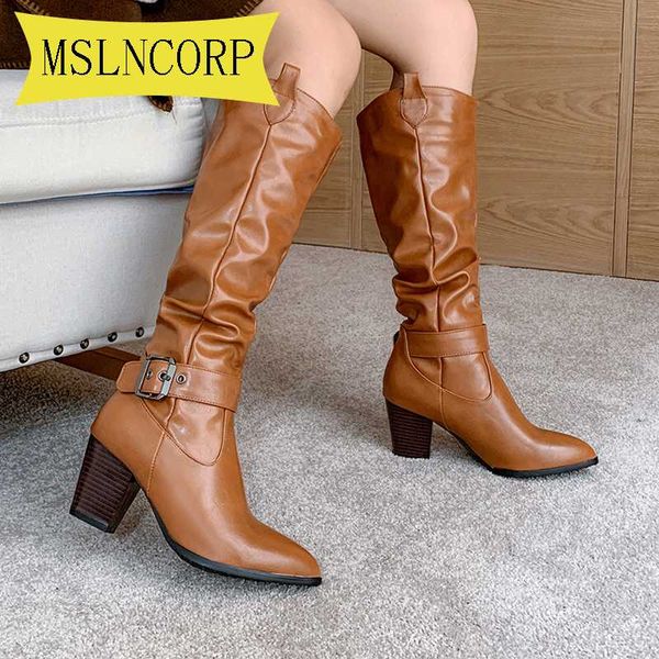 

big size 34-46 designer faux leather women knee high boots pointed toe boots women long chunky block high heel black white