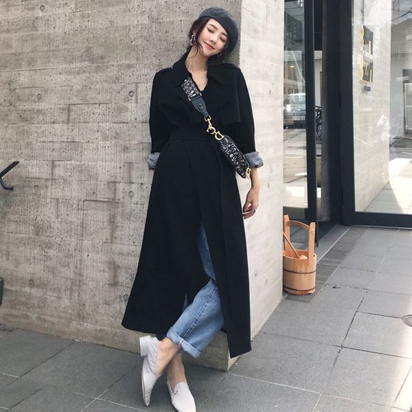 

2021 new black over-knee trench coat fall casual temperament loop-up female fashion jacket x6p8, Tan;black