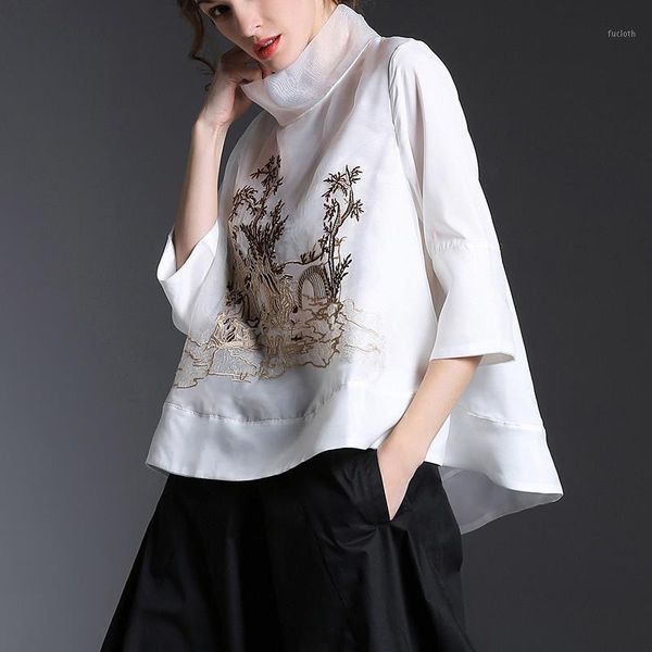 

chinese new fashion runway shirt chic embroidered loose gauze shirt elegant women's stand collar retro quality1, White
