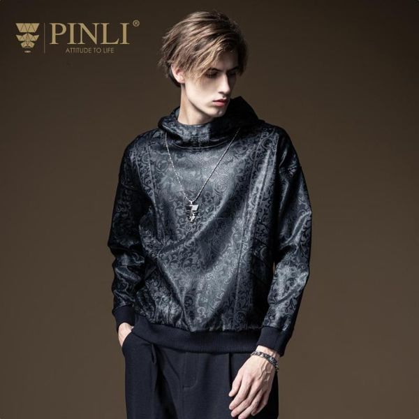 

new men's male 2020 black autumn fashion casual pu leather hooded jacquard pullover sweatershirt b203509199