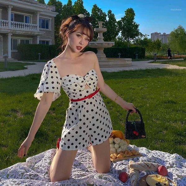 

2020 new practical vintage black white dot asymmetric jumpsuit one shoulder horn sleeve casual loose playsuits for women1