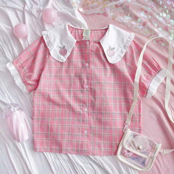 

2020 summer new plaid blouse korean short sleeve loose girls student cute peach embroidery doll collar shirt preppy style1, White