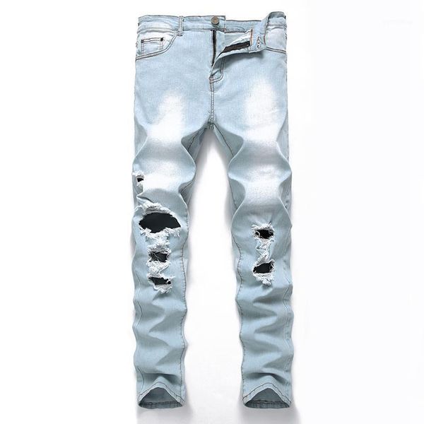 

men jeans plus size 28-42 men skinny jeans ripped knee cotton ankle skinny cut repaired plus size for male1, Blue