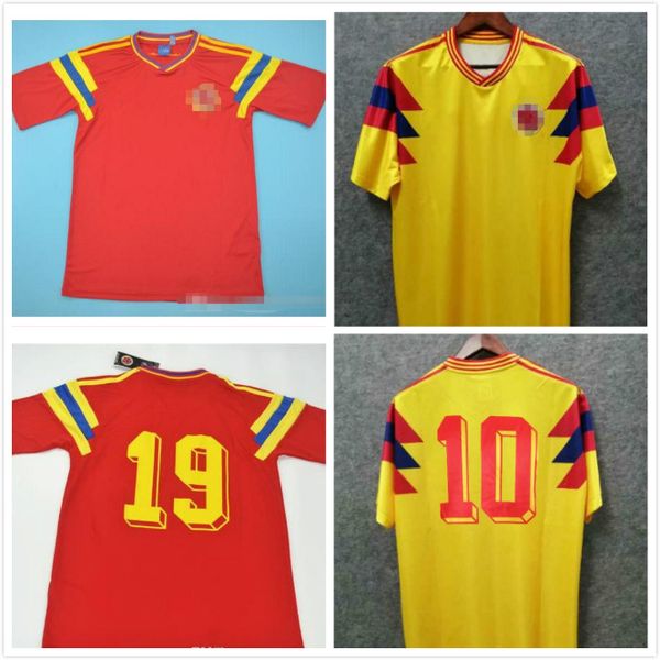 

colombia 1990 retro soccer jersey #10 valderrama #9 guerrero home yellow away red commemorate antique collectionvintage football shirt top, Black;yellow