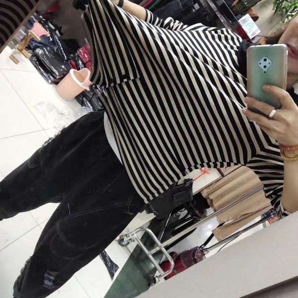

2020 autumn new artistic loose t-shirt hoodie casual stripe t-shirt short versatile hoodie i2hct, White