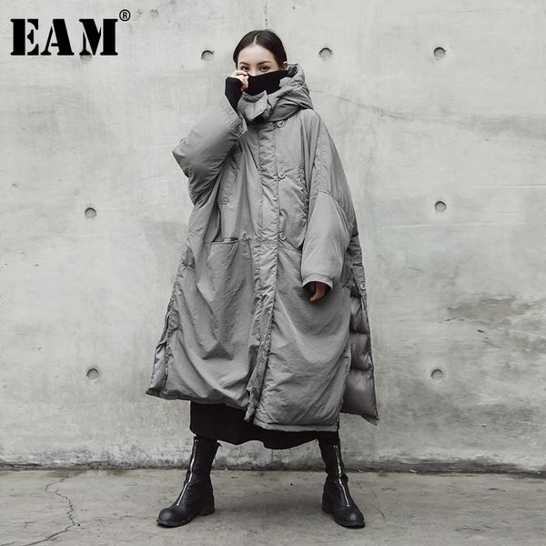 

[eam] hooded cotton-padded gray oversize long warm coat long sleeve loose fit women parkas fashion spring autumn je02002 201110, Black