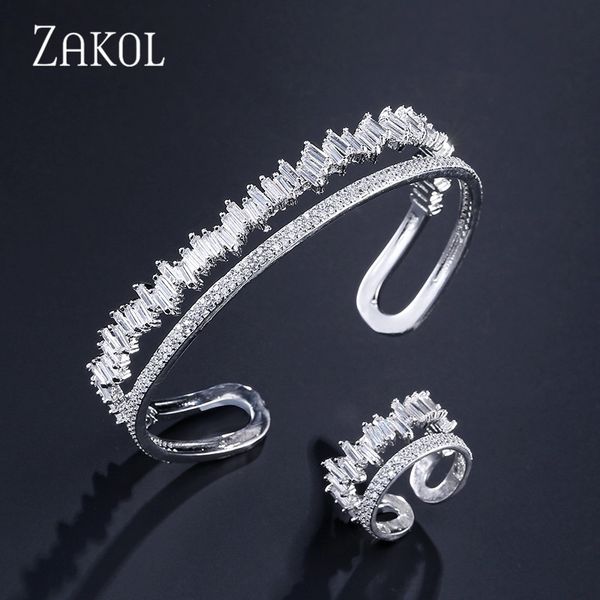 

zakol new arrival round shape jewelry set exquisite micro pave setting cuff bracelet bangle & ring set bijoux fssp376 201222, Slivery;crystal
