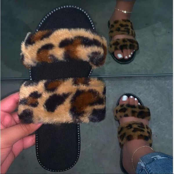 

slippers 2021 fashion pink furry slides for shoes women designer slide spring plush slipper fluffy leopard sandals pvc, Black