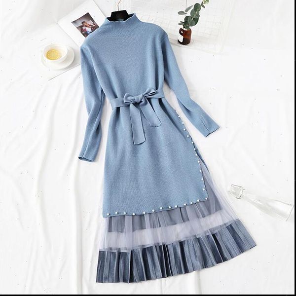 

half turtleneck knitted dress women two pieces suit 2021 autumn winter long sleeve belt party sweater dress and sweet mesh skirt, Gray