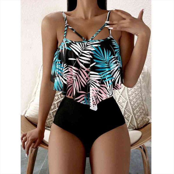 

womens bandeau bandage split swimwear leaf print tankini biquini high waisted ruffle swimsuit bathing suit swimjupmsuit 35, White;black