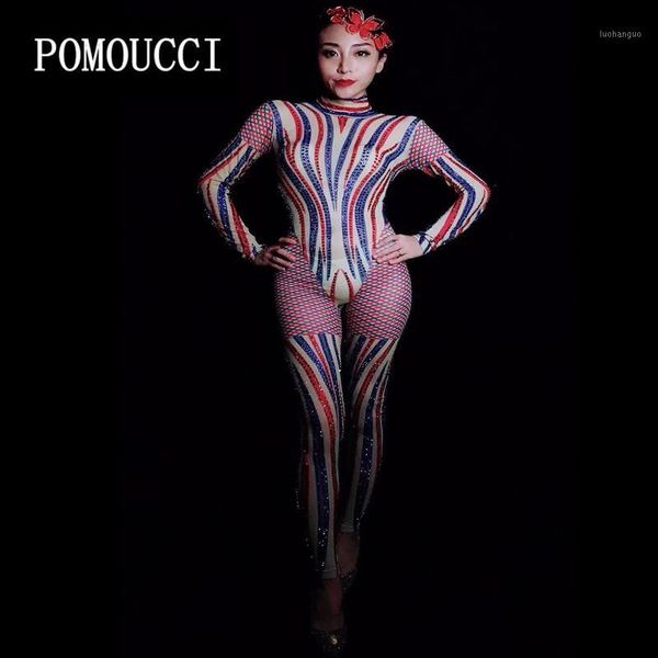 

purple blue rhinestone jumpsuit stretch dance headdress outfit female singer evening party prom celebrate bodysuit wear1, Black;white