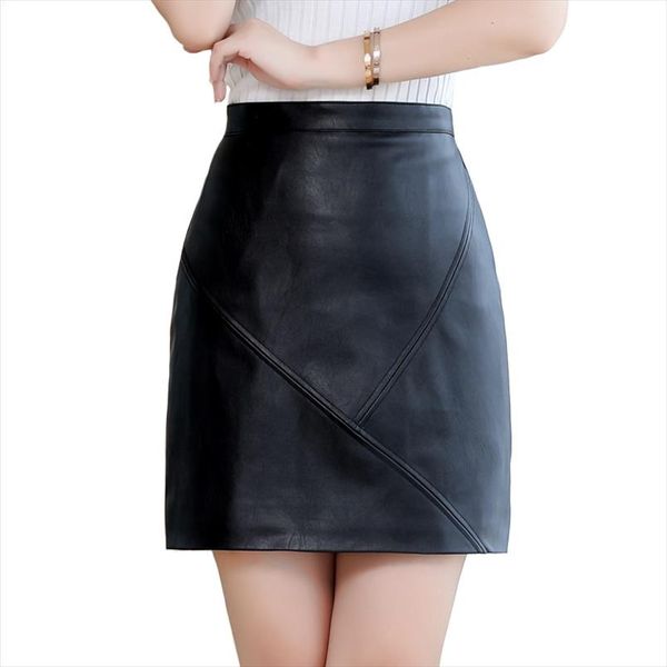 

2021 fashion high waist mini pu leather skirts women spring winter vintage retro office short skirt plus size a line mini skirt, Black