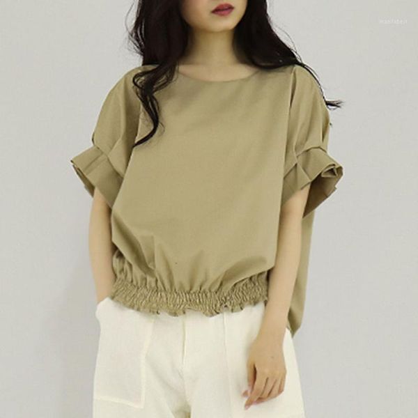 

women summer blouse army green round neck short flare sleeve office lady shirts casual loose bowknot blouse minimalist1, White