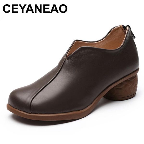 

ceyaneao retro stitching delicate embossed flower genuine leather slip on pumps casual shoes women shoes botas mujer, Black