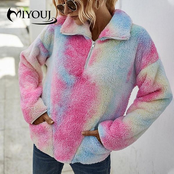 

women's hoodies & sweatshirts miyouj turn-down collar plush cardigan with zipper tie dye clothing pocket 2021 streetwear warm woman, Black