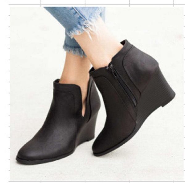 

boots women ankle autumn winter wedges high heels ladies shoes pu leather vintage platform black female1