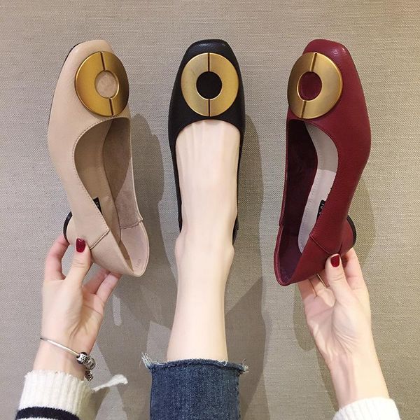 

2021 spring summer women shoes woman pumps metal round buckle fashion single shoes slip on solid leather mid heels ladies, Black