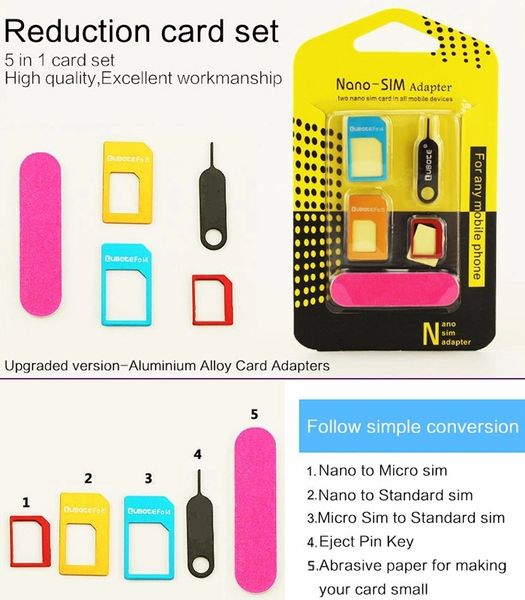 

5 in 1 nano sim card adapter micro standard sim card with eject pin key for iphone