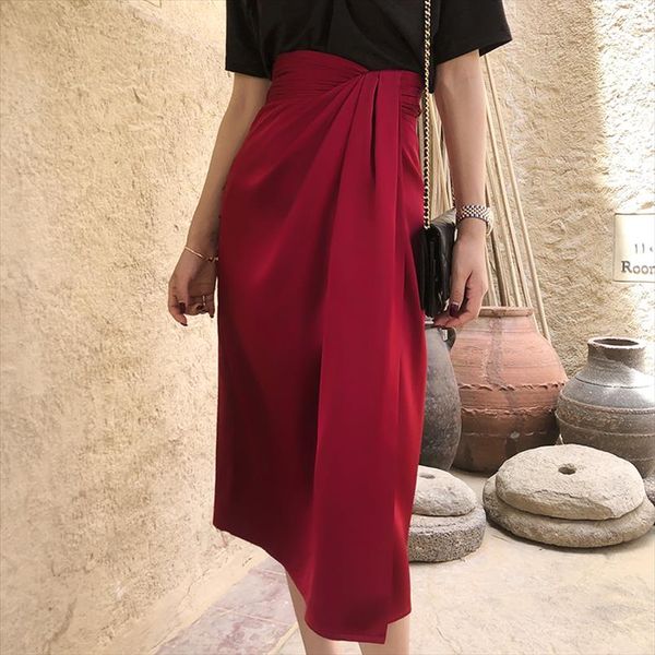

vintage side split stain skirts women high waist irregular a line mid skirts female 2019 casual solid faldas mujer moda, Black