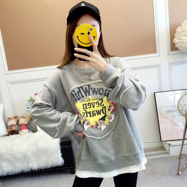 

autumn 2020 korean mosaic cartoon printed long sleeve for women's middle and large size loose sweatersweater sweater and versatile c, Black