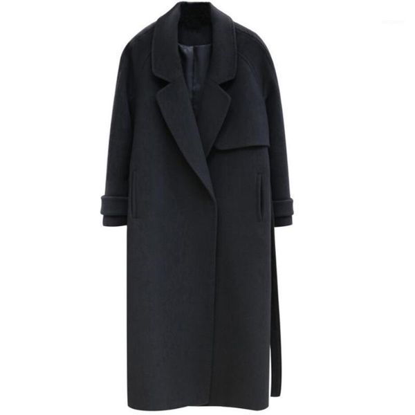 

plus size 4xlautumn winter casual black belted woolen coat women loose long overcoat1