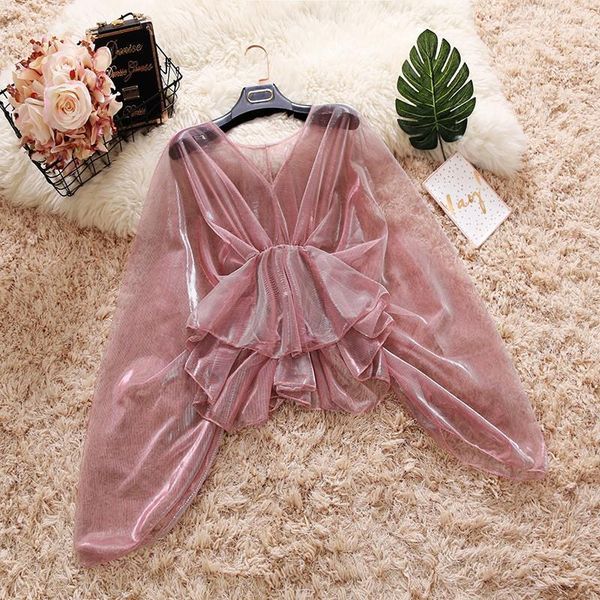 

hisuma summer new female v-neck ruffles mesh shirt women's bat sleeve waist sweet flounced sun protection shirts women blouse, White