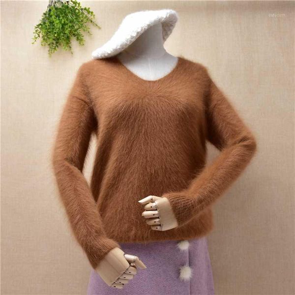 

ladies basic clothes winter round neck long sleeve mink cashmere knitted boomtting sweater angora fur pullover female1, White;black