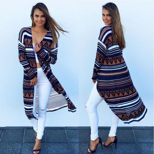 

women long sleeve striped cardigan jumper fashion lady coat jacket, Black;brown