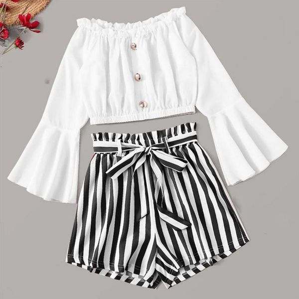 

мода flare рукавом гибка два piece set разрез шеи crop top 2 piece set женщины полосатый кулиской короткие штаны женские костюмы, Gray